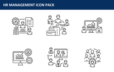 The HR Management Icon Pack with diverse team collaboration and processes in a modern workplace is illustrated in a set of simple, clean line icons of various HR management functions.