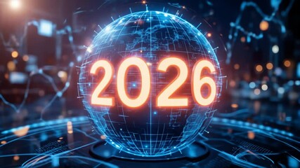 Futuristic data visualization to analyze stock market trends in 2026. Technological digital globe with 2026 numbers shining on city lights background. 4k video - Powered by Adobe