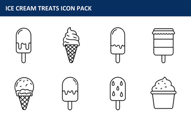 Ice cream treats icon set featuring various styles of frozen desserts. Simple line art illustration with melting ice cream, ice cream cones, popsicles, and a dessert cup.