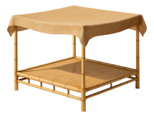 Bamboo terrace with a natural fiber canopy, offering an eco-friendly solution for a garden lounge area.