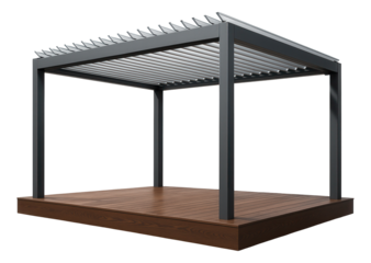 Terrace with a motorized louvered roof, designed for a luxury villa to adjust shade and rain protection effortlessly.