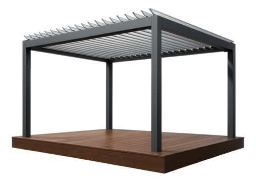 Terrace with a motorized louvered roof, designed for a luxury villa to adjust shade and rain protection effortlessly.