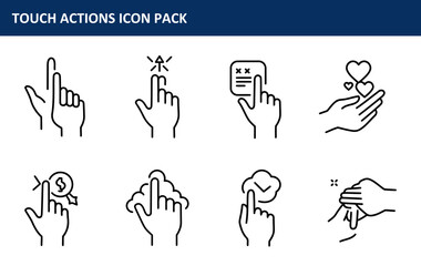 Touch actions icon pack showing various hand gestures. User interface touch actions for mobile apps. Digital interface design concepts -