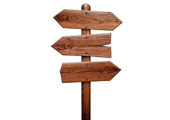 Wooden signposts with various arrows pointing in different directions, isolated on a transparent or white background