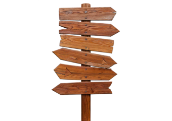 Wooden signposts with various arrows pointing in different directions, isolated on a transparent or white background