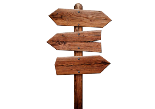 Wooden signposts with various arrows pointing in different directions, isolated on a transparent or white background