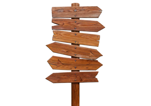 Wooden signposts with various arrows pointing in different directions, isolated on a transparent or white background
