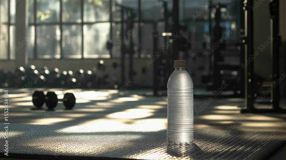 Poster a single water bottle resting on a flat surface with a mat