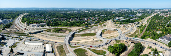 Krakow, Poland. Grebalow large highway and tramway interchange under construction. The fragment of S7 from Warsaw to A4 and last fragment of ring road around Krakow. Aerial view. State in January 2025