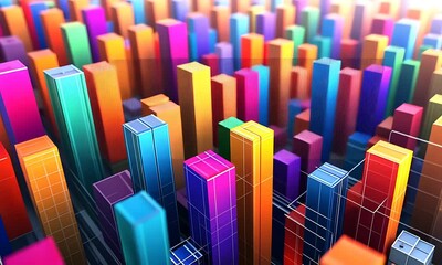 Colorful 3D bar chart representing data analytics in a vibrant digital landscape - Powered by Adobe