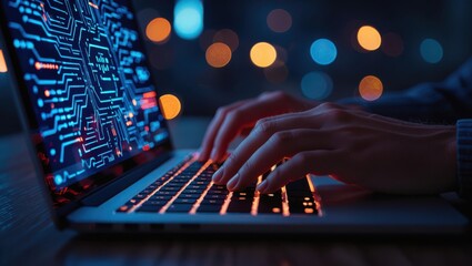 Close up of hands typing on a laptop displaying complex digital circuitry with glowing lights