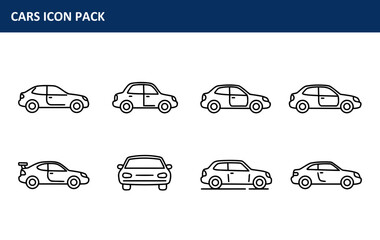 The Cars Icon Pack features a comprehensive collection of various car silhouettes from different views, effectively highlighting diverse angles and positions for automotive applications.
