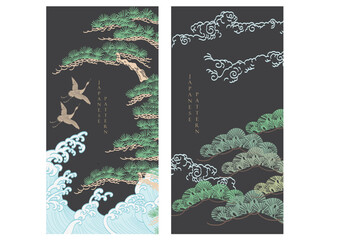 Bonsai tree with cran birds and hand drawn wave elements. Geometric pattern in vintage style. Japanese background with Asian traditional icon vector.