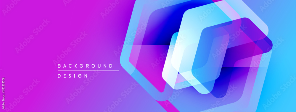 Poster abstract geometric shapes overlap, creating vibrant gradient effect. purple, blue hues dominate desi