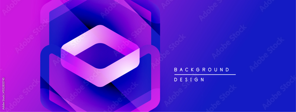 Poster abstract geometric design. vibrant purple, blue gradients create layered hexagon shape. modern backg