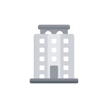 A stylized grayscale illustration of a multi-story building with a simple flat design, featuring a small entrance and a rooftop detail