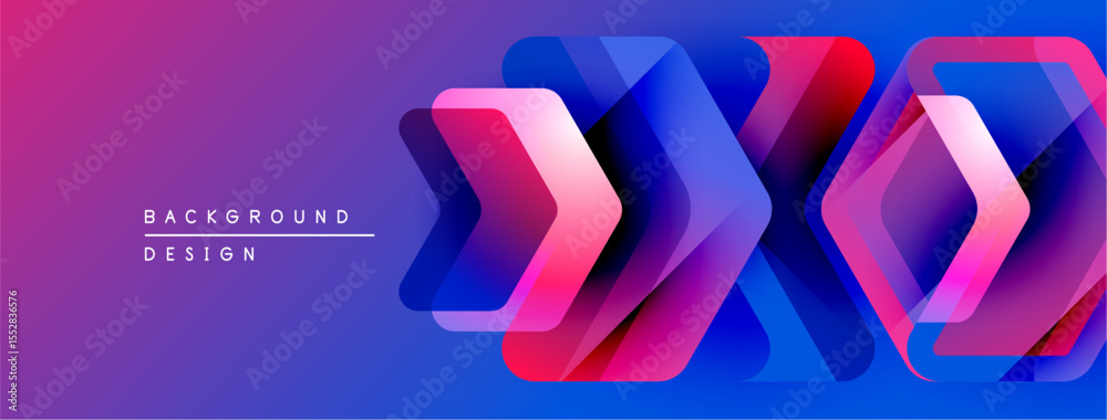 Poster abstract geometric shapes overlap, creating vibrant purple, blue, pink gradient effect. modern desig
