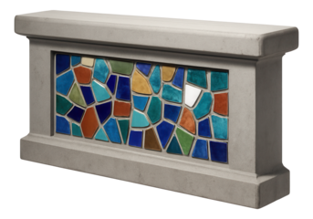 Concrete balcony railing with embedded mosaic tiles for a colorful artistic expression.