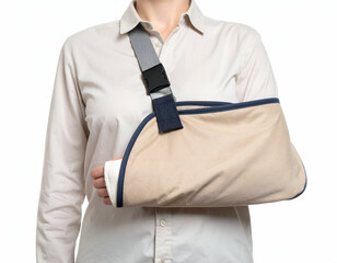 Torso view of a person with a shoulder cast and arm sling