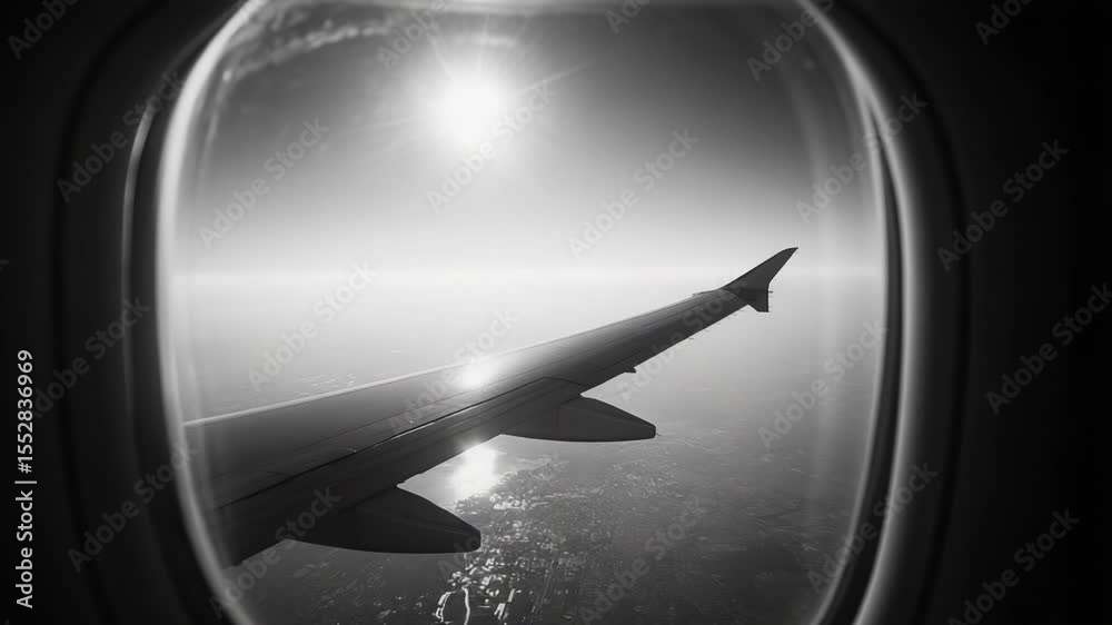 Poster view of an airplane wing from inside the plane, looking out the window
