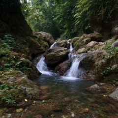 Obraz premium Waterfall journey lush forest hdr nature photography tranquil landscape