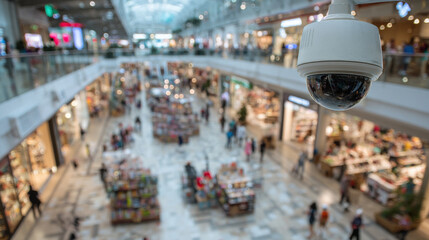 High angle view of busy indoor shopping mall with CCTV camera ensuring safety and crowd surveillance for retail security services