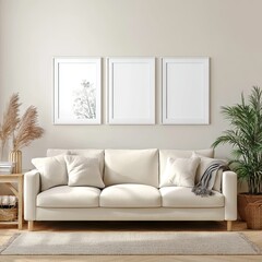 A minimalist living room features a beige sofa, three white-framed botanical prints, pampas grass, and a small side table.  Sunlight streams in, creating a serene atmosphere