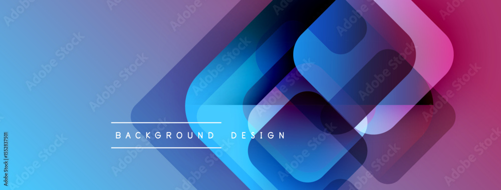 Aufkleber Abstract background features overlapping rounded squares. Gradient blends blue, purple, pink hues. Minimalist design with text label below shapes.