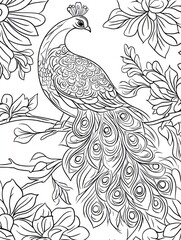 Fototapeta premium Peacock coloring page, floral design, artistic, kids activity, printable