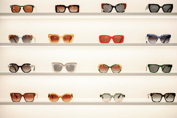 Colorful sunglasses displayed on shelves in a shop