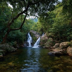 Obraz premium Cascading waterfall adventure lush forest hdr nature photography