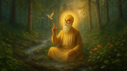 Guru Nanak Dev Ji in Deep Meditation in a Forest Setting with Divine Light and Doves

