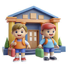 3d Scene Of Happy Kids Entering School Building