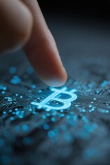 Hand reaching toward glowing bitcoin coin in digital holographic interface, symbolizing virtual currency.