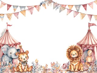 Fototapeta premium Whimsical watercolor circus frame with charming animals and lush plants, perfect for highlighting your message.