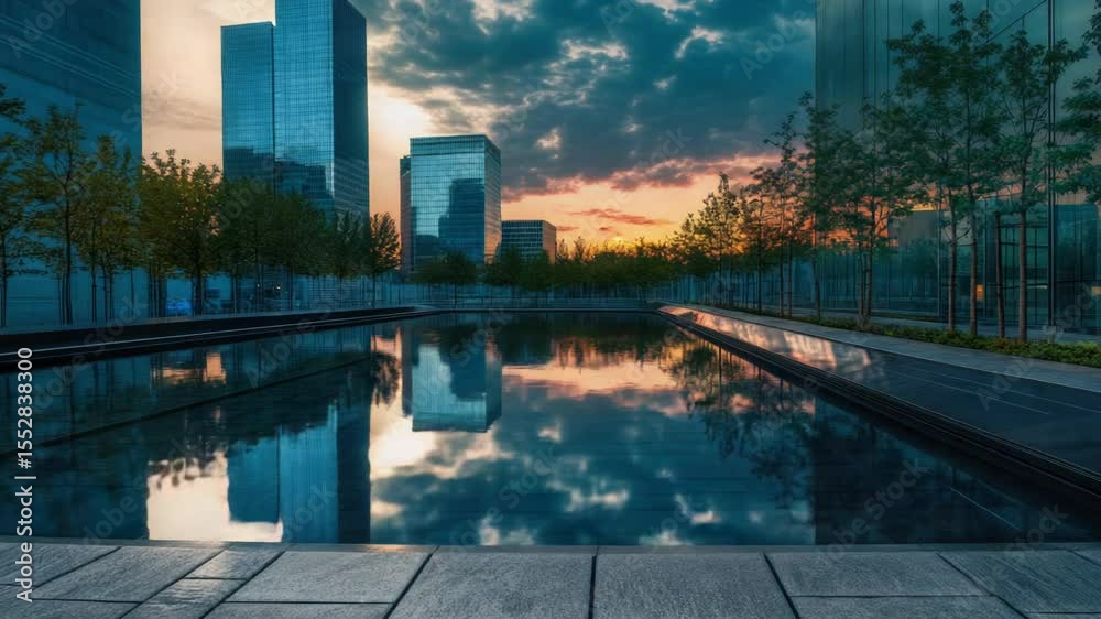 Poster serene scene with the sun setting behind a still body of water, creating a peaceful atmosphere
