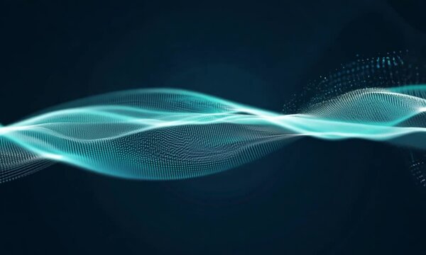A digital rendering of flowing turquoise waves against a dark blue background with particles effect