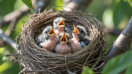 Four baby birds chirping in nest among green leaves