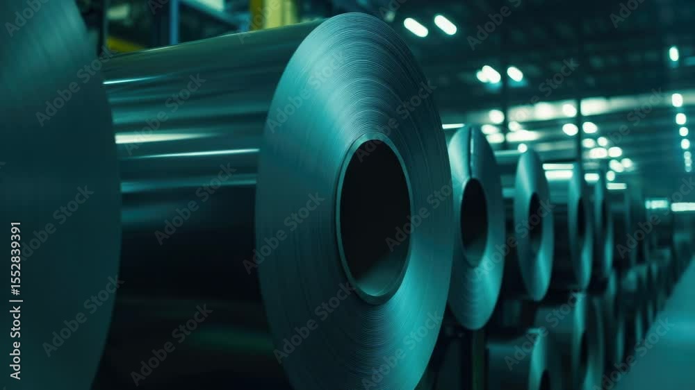 Poster factory setting with steel being rolled and processed
