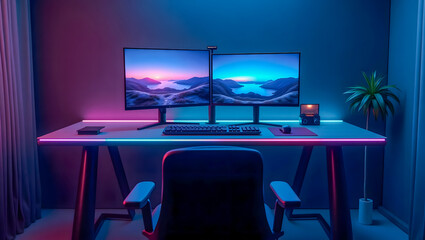 Naklejka premium Ultra-Modern Dual Monitor Desktop Setup in Dark Room with RGB Lighting – 4K Resolution