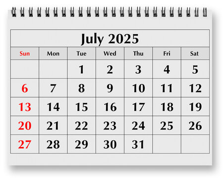 Page of annual monthly calendar - month july 2025