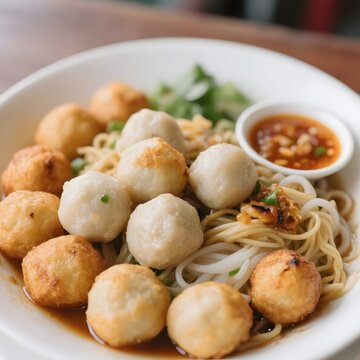 4k high quality Ai generative HD photo realistic store business menu sell selling restaurant Indonesia food fish cake pempek palembang ball noodle vermicelli bihun goreng platter bulat tekwan full yum