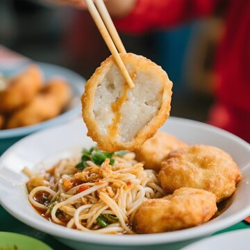 4k high quality Ai generative HD photo realistic store business menu sell selling restaurant Indonesia food fish cake pempek palembang ball noodle vermicelli bihun platter bulat tekwan chopstick
