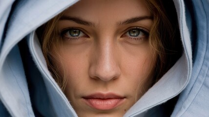 Close-up portrait of young caucasian female with intense gaze under blue hood
