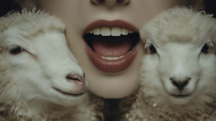 A surreal composition featuring a smiling woman flanked by sheep, blending human and animal expressions. The mood is whimsical and playful, evoking themes of innocence and joy.