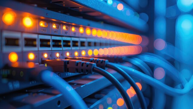 Modern network server rack with blinking orange lights and blue cables