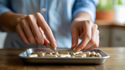 Young adult caucasian hands sorting vitamin capsules on metal tray