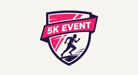 Dynamic 5k event logo featuring a runner in motion with bold colors and shield design