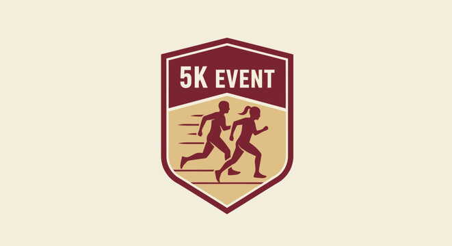 Minimalist emblem design depicting two runners in a 5k event race badge
