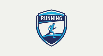 logo design featuring a person running inside a shield emblem symbolizing athletic performance